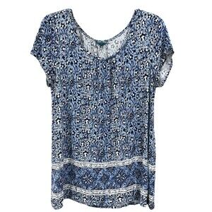 Fleur Bleue Short Cap Sleeve Bohemian Peasant Neck Floral Knit Top Blue Sz Large